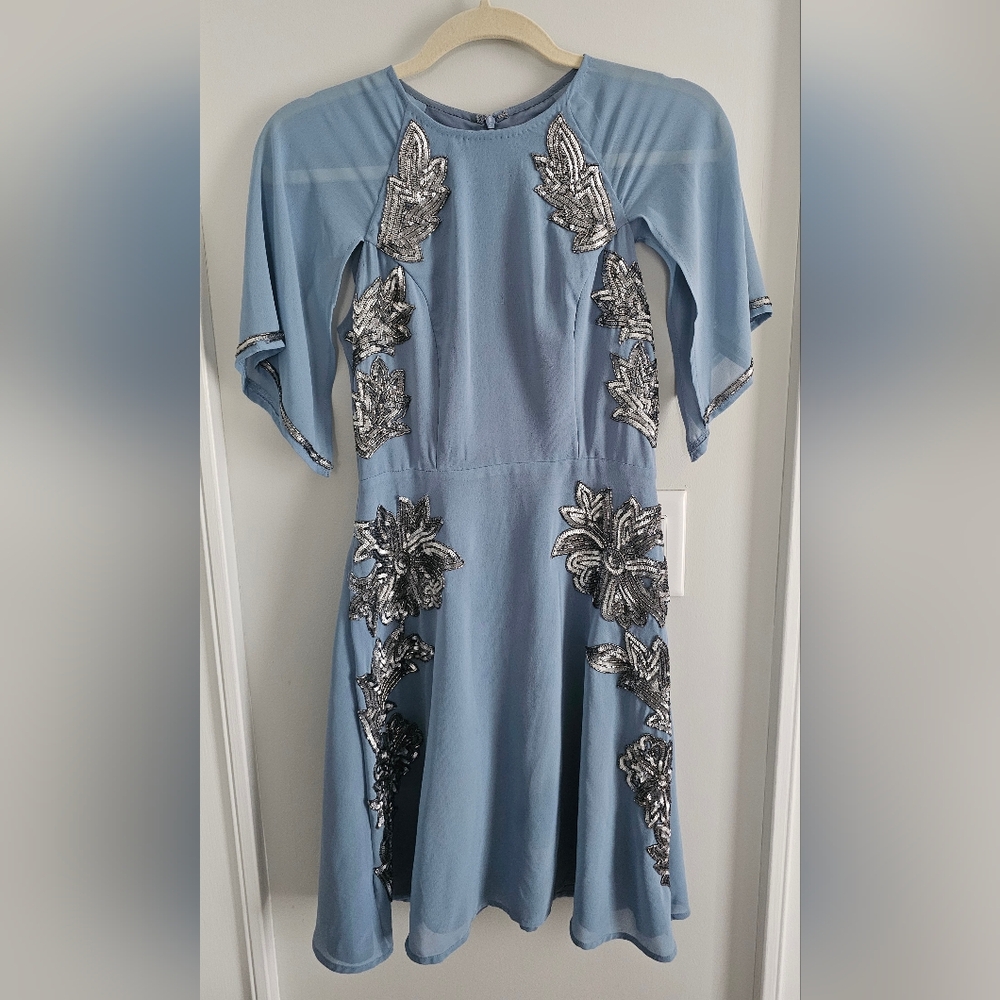 Modcloth Blue Silver Sequined Chiffon Dress Small - Picture 4 of 9